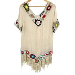 Hayden Womens S/M Granny Square‎ Tunic Crochet Fringe Cover Up Boho Hippie Dress